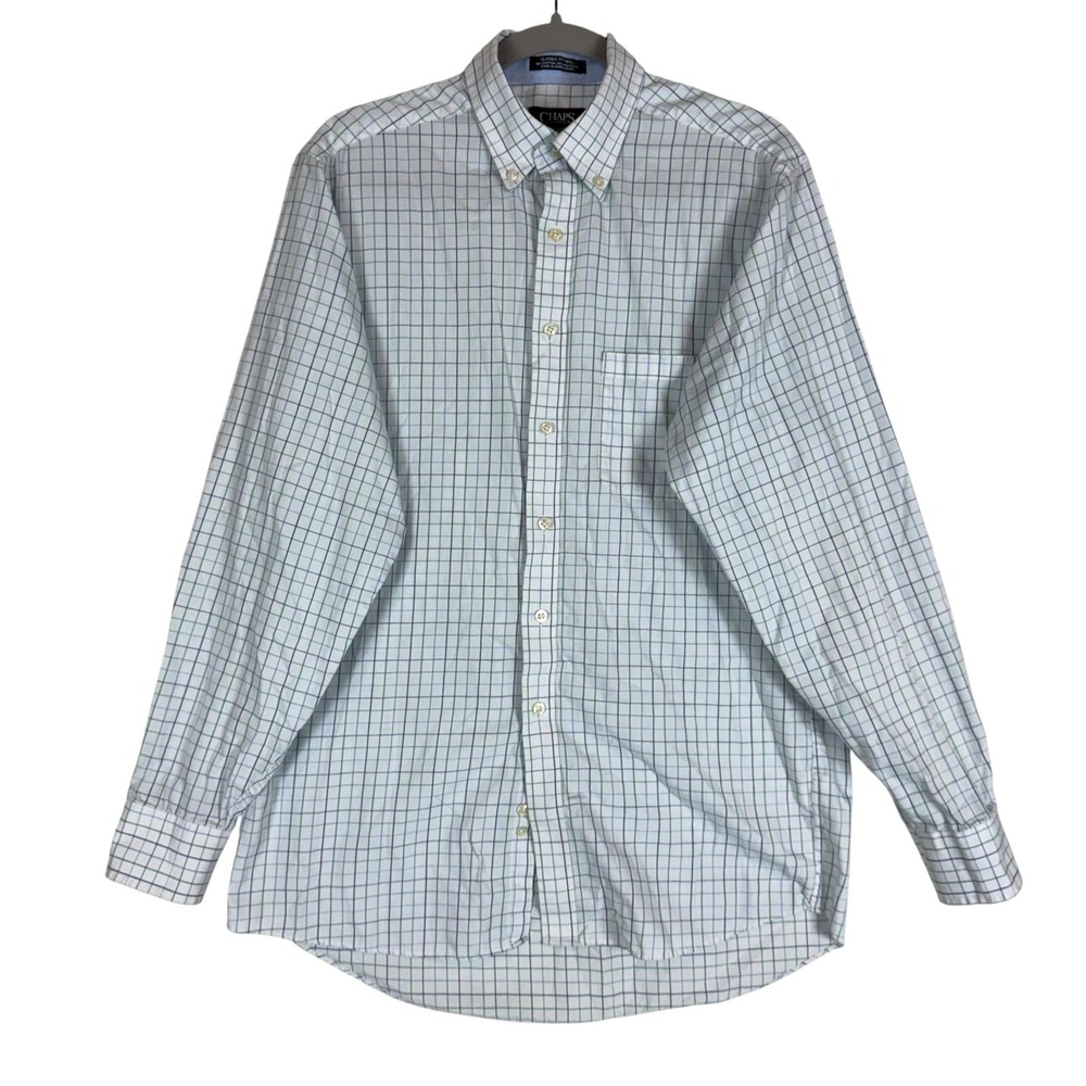 Chaps Dress Shirt Mens 15.5 34/35 White Check Classic Fit Wrinkle Free Twill